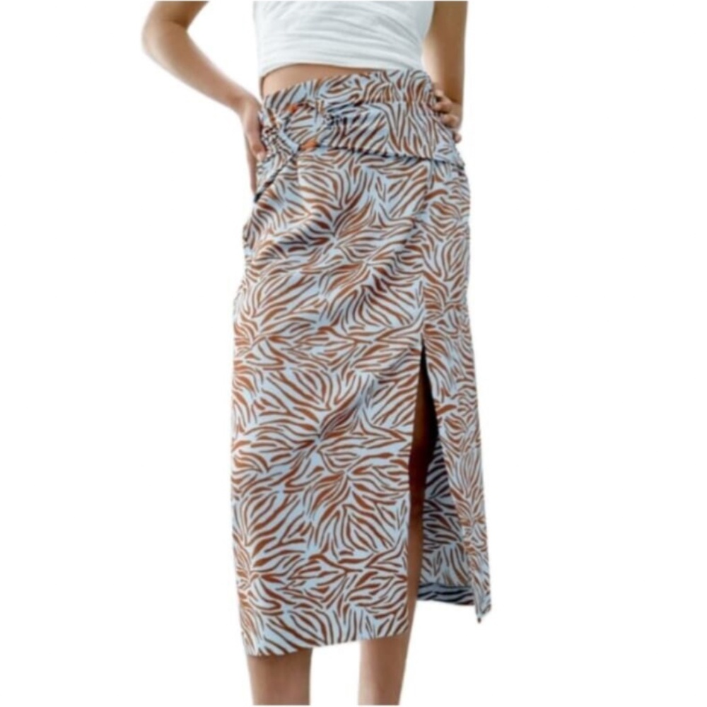 Zara Zebra Print Blue + Brown Midi Skirt